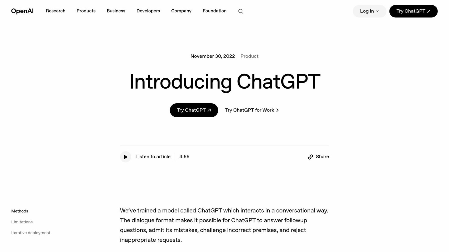 OpenAI's "Introducing ChatGPT" announcement page — ChatGPT is one of the general assistants people use to do macro math by hand.