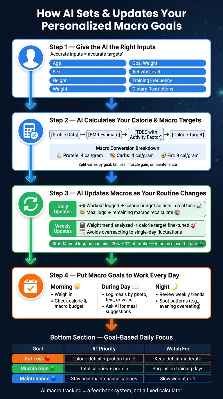 Four-step diagram: profile inputs feed a BMR and TDEE estimate, which becomes a calorie target split into protein, carbs and fat at 4/4/9 calories per gram, then updated daily from workouts and meal logs and weekly from the weight trend.