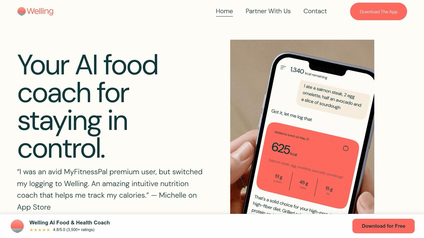 The Welling site showing chat-based logging: a meal described in plain language comes back as 625 kcal with 51 g protein, 45 g carbs and 15 g fat, against 1,340 kcal remaining.